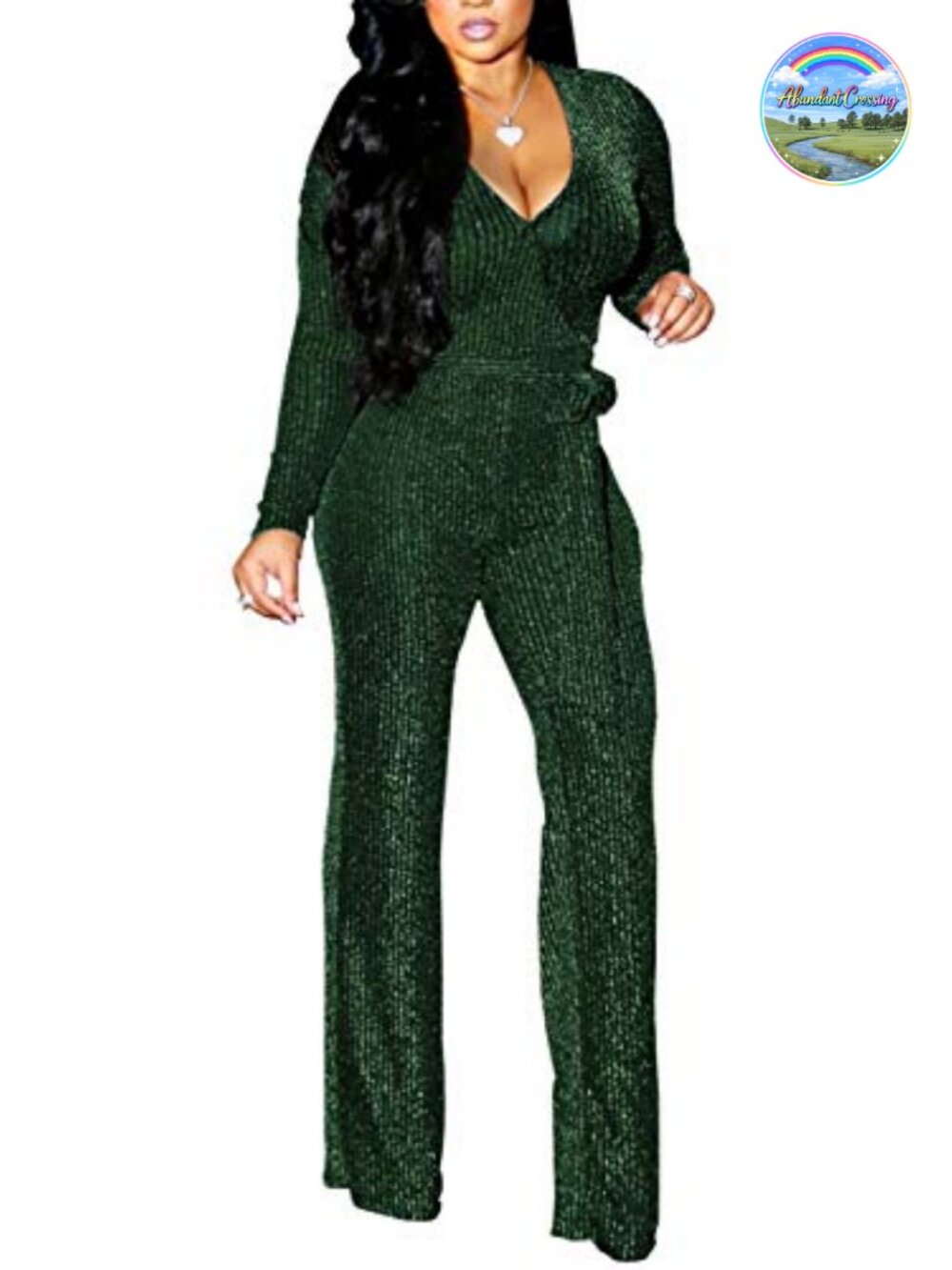 Women's Sparkly V-Neck Long Sleeve Loose Jumpsuit with Belt Party Clubwear